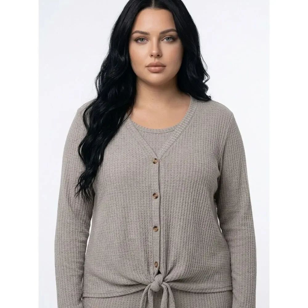 TAN Waffle Style Tie Front Long Sleeve Top Button Front XL